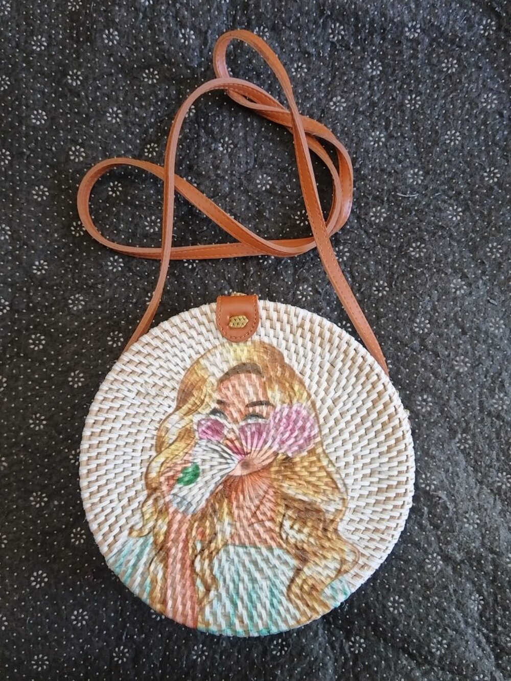 Hand Painted Blonde Girl Rattan Round Crossbody Bag Woven Straw Purse Batik